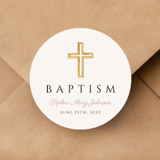 Elegant Religious Cross Pink Script Girl Baptism  Classic Round Sticker