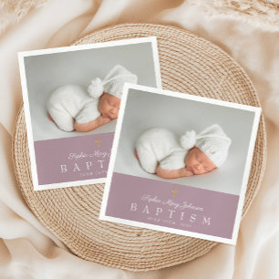 Elegant Religious Cross Purple Photo Baptism Napkin