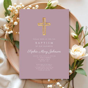 Elegant Religious Cross Purple Script Girl Baptism Invitation