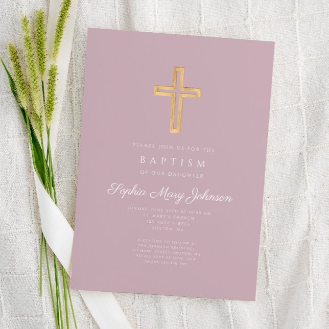 Elegant Religious Cross Purple Script Girl Baptism Invitation (Elegant Religious Cross Purple Script Girl Baptism Invitation)