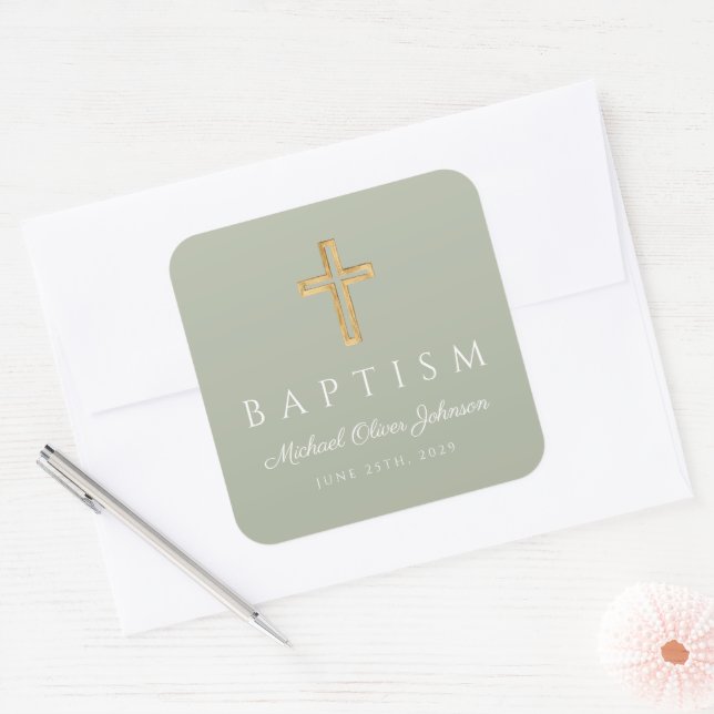 Elegant Religious Cross Sage Green Baptism  Square Sticker (Envelope)