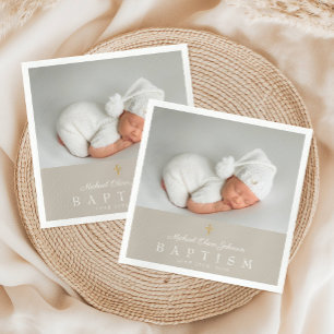 Elegant Religious Cross Taupe Photo Baptism Napkin