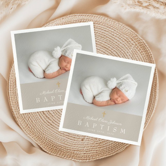 Elegant Religious Cross Taupe Photo Baptism Napkin (Elegant Religious Cross Taupe Photo Baptism Napkins)