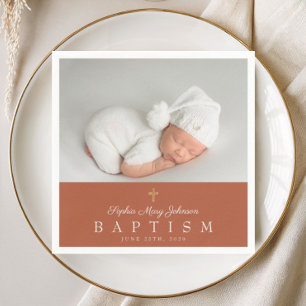 Elegant Religious Cross Terracotta Photo Baptism Napkin