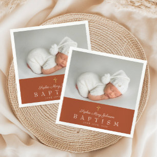Elegant Religious Cross Terracotta Photo Baptism Napkin