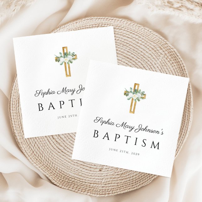 Elegant Religious Cross White Floral Baptism  Napkin (Elegant Religious Cross White Floral Baptism Napkins)