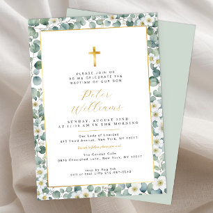 Elegant Religious Eucalyptus Greenery Baptism Invitation