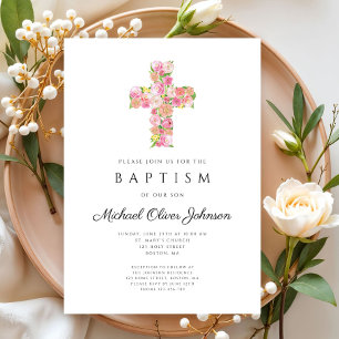 Elegant Religious Floral Pink Cross Baptism  Invitation