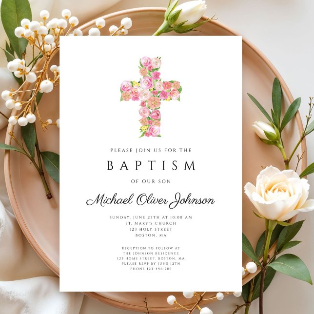 Elegant Religious Floral Pink Cross Baptism  Invitation (Elegant Religious Floral Pink Cross Baptism Invitation)