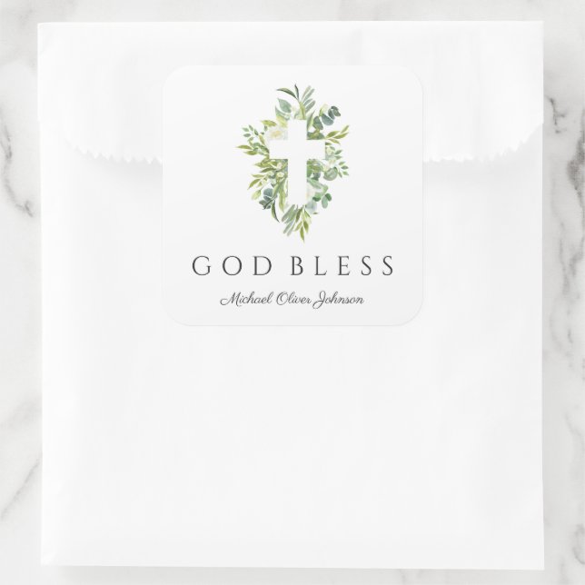 Elegant Religious God Bless Baptism  Square Sticker (Bag)
