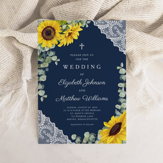 Elegant Religious Navy Blue Sunflower Wedding Invitation (Rustic Religious Navy Blue Sunflower Wedding Invitation)