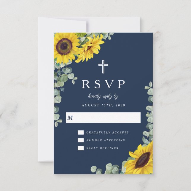 Elegant Religious Navy Blue Sunflower Wedding RSVP Card (Front)