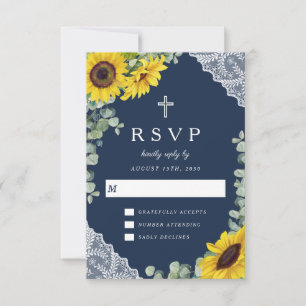 Elegant Religious Navy Blue Sunflower Wedding RSVP Card
