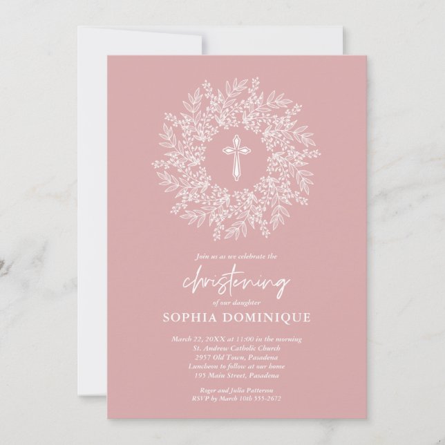 Elegant Religious Pink Cross Girl Christening Invitation (Front)