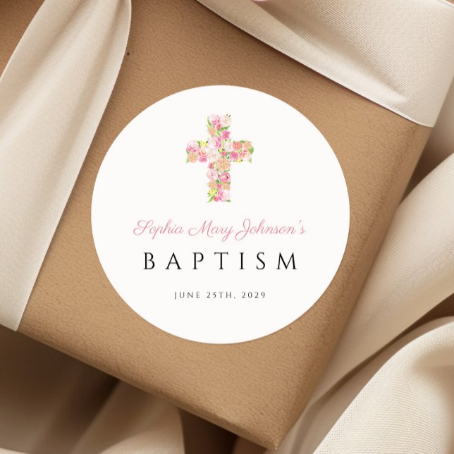 Elegant Religious Pink Floral Cross Baptism Classic Round Sticker (Elegant Religious Pink Floral Cross Baptism Classic Round Sticker)