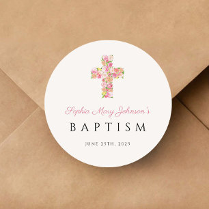 Elegant Religious Pink Floral Cross Baptism Classic Round Sticker