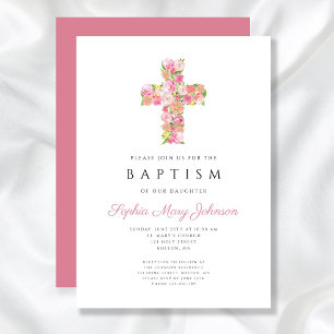 Elegant Religious Pink Floral Cross Baptism Invitation