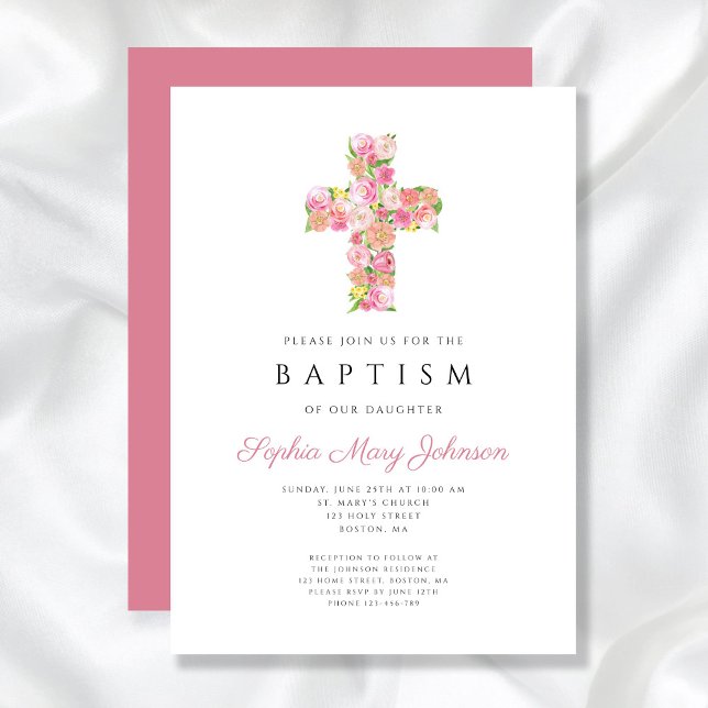 Elegant Religious Pink Floral Cross Baptism Invitation (Elegant Religious Pink Floral Cross Baptism Invitation)