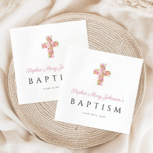 Elegant Religious Pink Floral Cross Baptism Napkin
