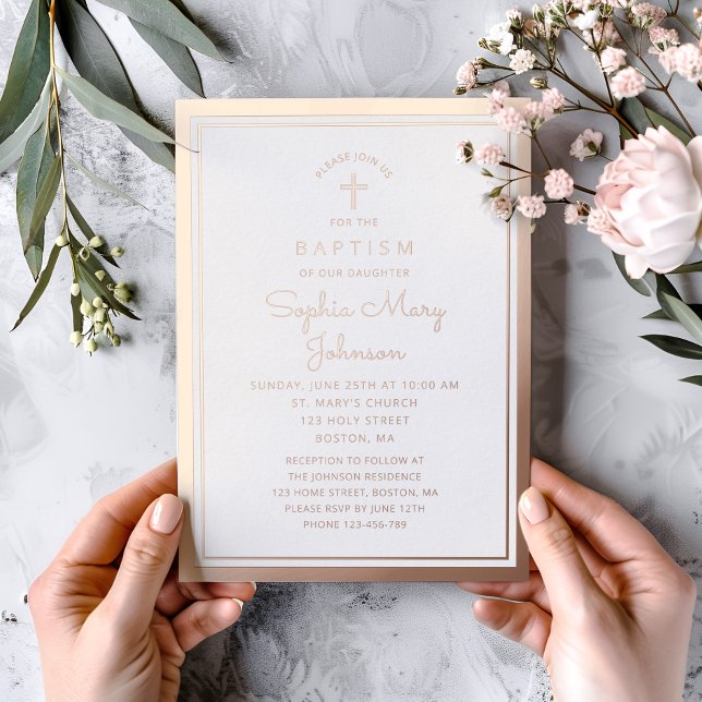 Elegant  Religious Rose Gold Cross Script Baptism (Elegant Religious Rose Gold Cross Script Baptism Foil Invitation)