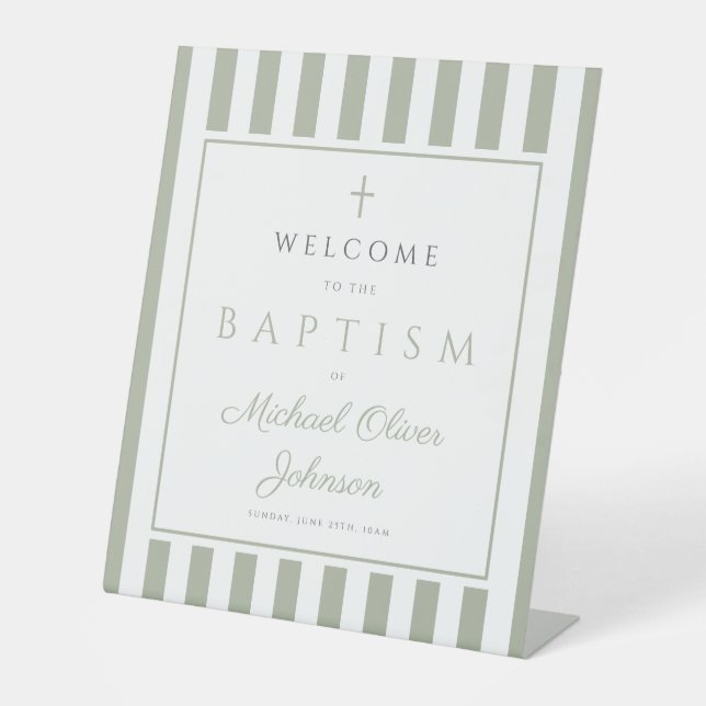 Elegant Religious Sage Green Baptism Pedestal Sign (Front)