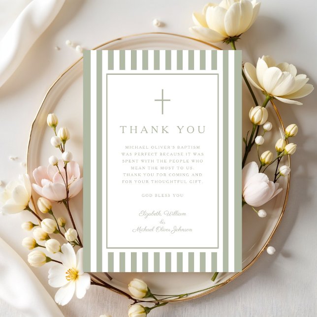 Elegant Religious Sage Green Boy Baptism Thank You Card (Elegant Religious Sage Green Boy Baptism Thank You Card)