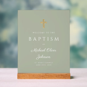 Elegant Religious Sage Green Boy Baptism Welcome Acrylic Sign