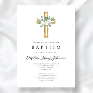 Elegant Religious White Floral Girl Baptism Invitation