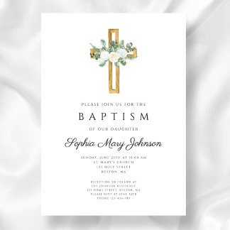 Elegant Religious White Floral Girl Baptism Invitation
