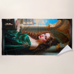 Elegant Renaissance Woman in Green Dress Beach Towel