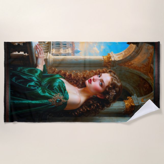 Elegant Renaissance Woman in Green Dress Beach Towel (Front)