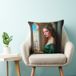 Elegant Renaissance Woman in Green Dress Cushion