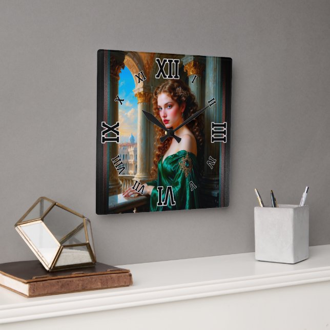 Elegant Renaissance Woman in Green Dress Square Wall Clock (Office)