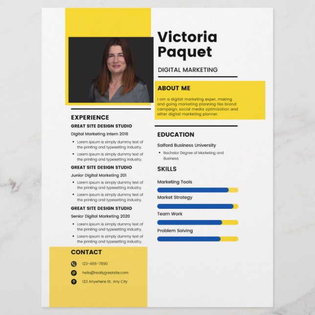 Elegant RESUME TEMPLATE Customisable Photo Yellow  Custom Letterhead (Front)