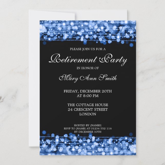 Elegant Retirement Party Blue Sparkles Invitation (Front)