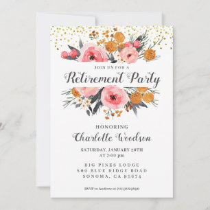 Elegant Retirement Party   Floral Blush Pink Gold  Invitation