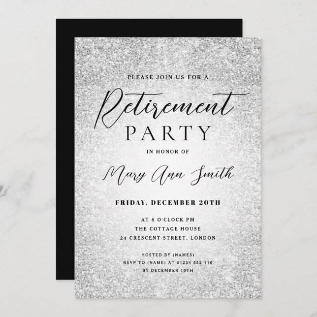 Elegant Retirement Party Glam Silver Glitter Invitation (Front/Back)