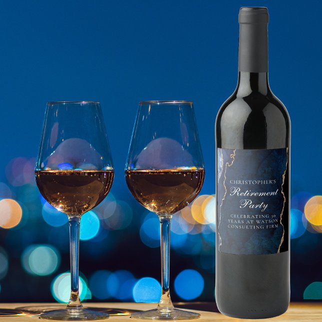 Elegant Retirement Party Navy Blue Gold Agate Wine Label (Creator Uploaded)