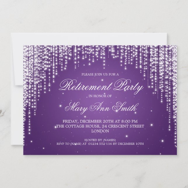 Elegant Retirement Party Night Dazzle Purple Invitation (Front)