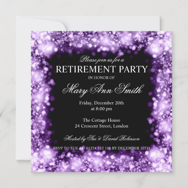Elegant Retirement Party Purple Sparkling Lights Invitation (Front)