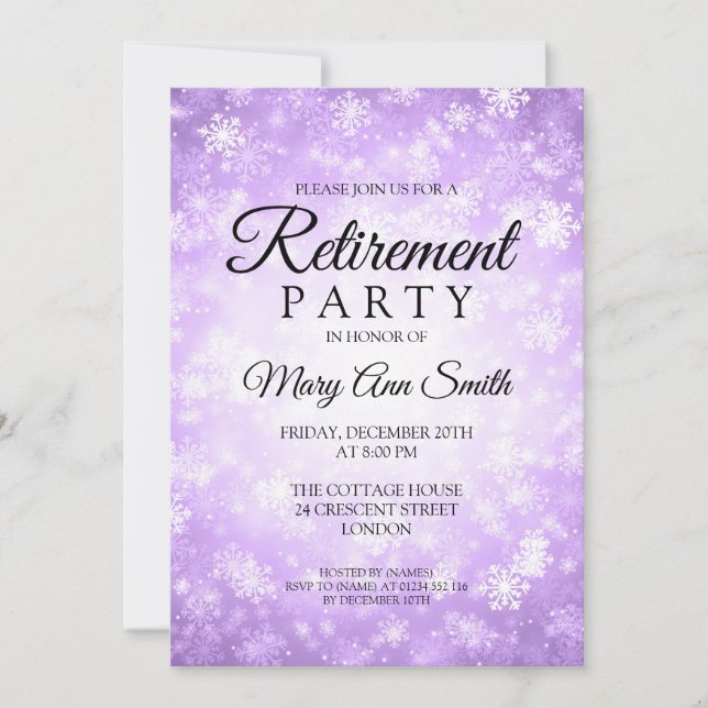 Elegant Retirement Party Purple Winter Wonderland Invitation (Front)
