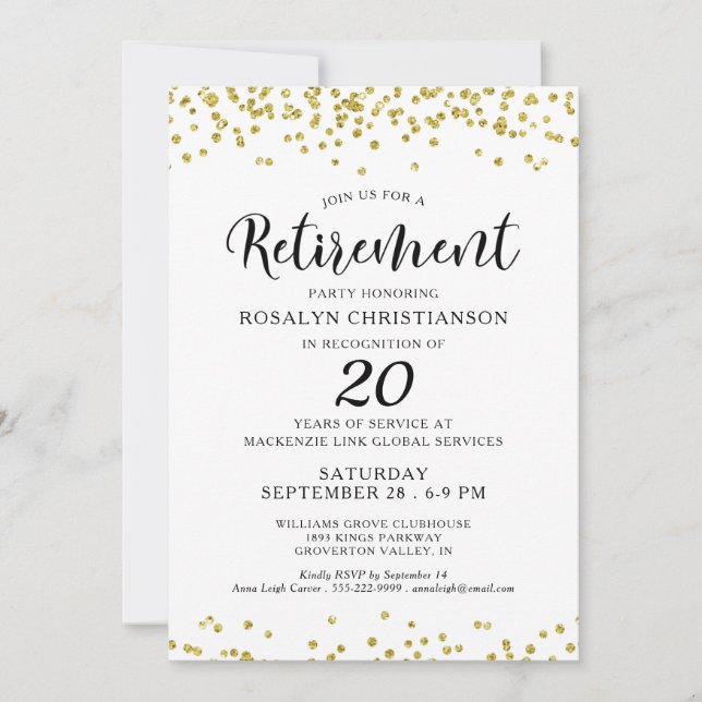 Elegant Retirement Party Script Gold Confetti Invitation (Front)
