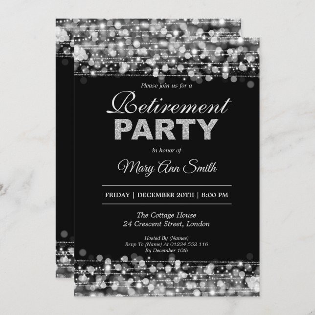 Elegant Retirement Party Silver Glitter Invitation (Front/Back)