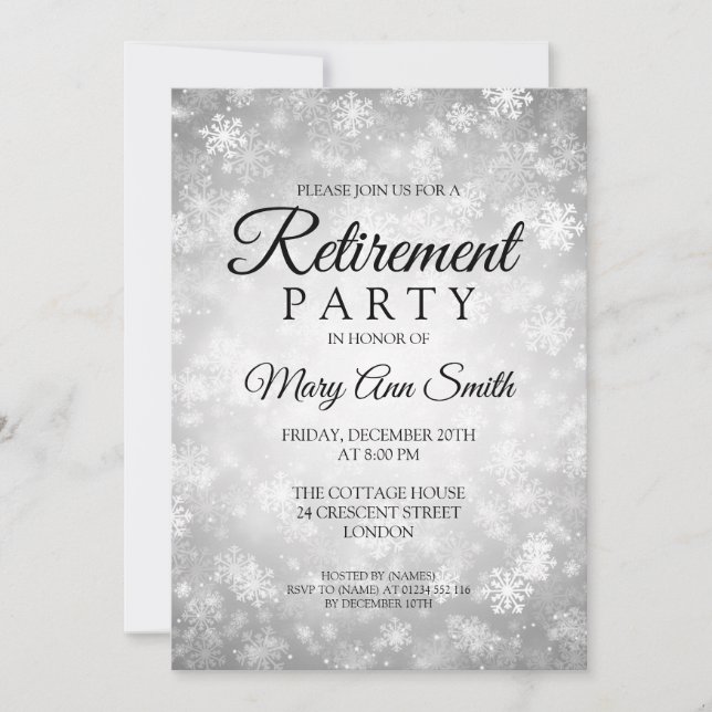 Elegant Retirement Party Silver Winter Wonderland Invitation (Front)