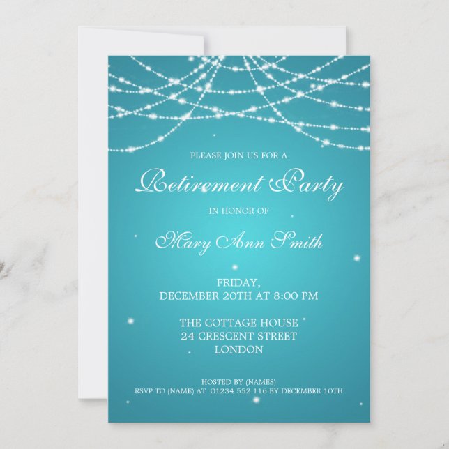 Elegant Retirement Party String of Stars Turquoise Invitation (Front)