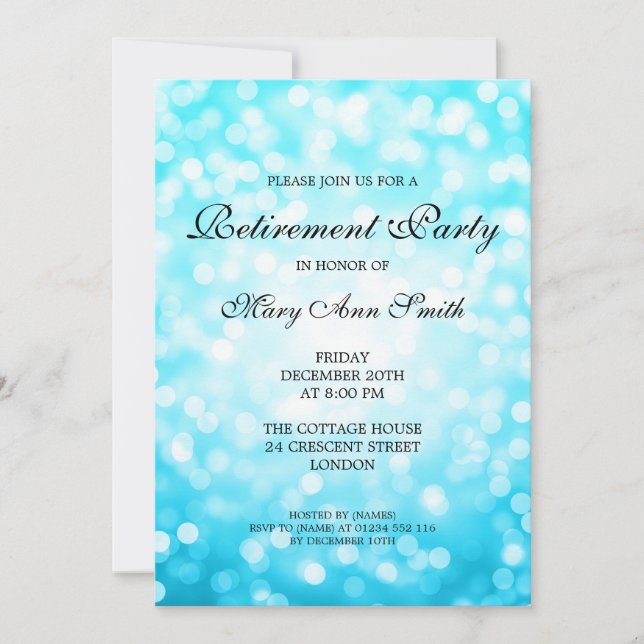 Elegant Retirement Party Turquoise Glitter Lights Invitation (Front)