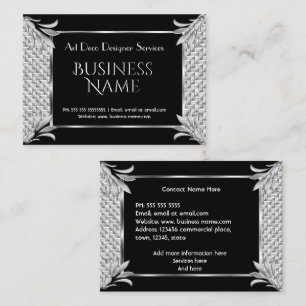 Elegant Retro Art Deco Black Silver Rattan Business Card