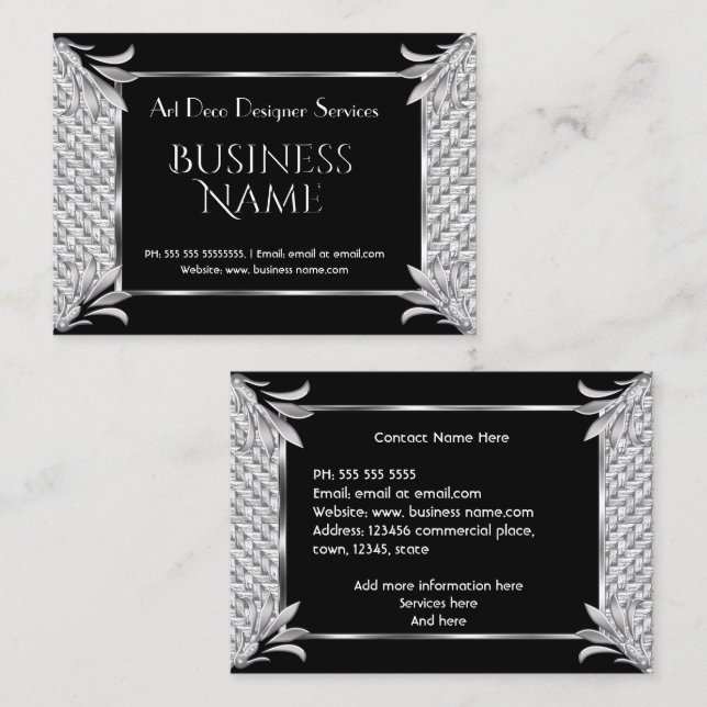Elegant Retro Art Deco Black Silver Rattan Business Card (Front/Back)