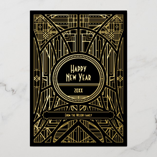 Elegant retro art deco Happy New Year Foil Holiday Card (Front)