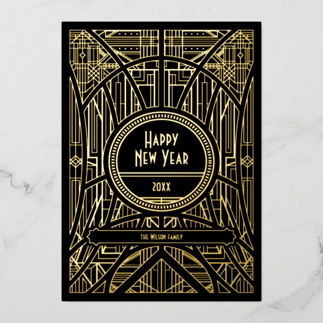 Elegant retro art deco New Year Foil Holiday Card (Front)